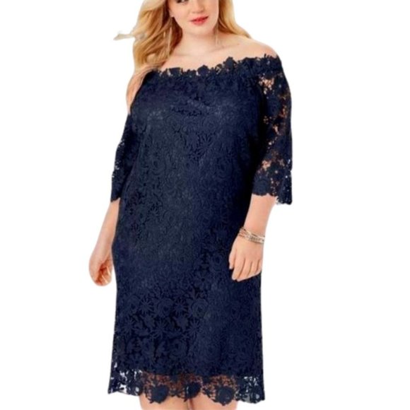 ROAMANS Navy Blue Plus Size Lace Off Shoulder Dres - Picture 1 of 2